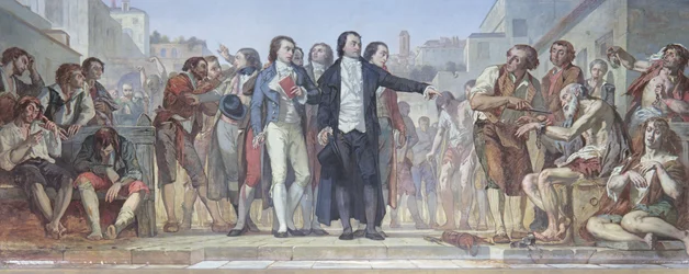 Philippe Pinel (1745-1826) liberando a los enfermos mentales de sus cadenas en el asilo de Bicêtre de París en 1793, c. 1840-50